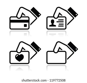 Hand holding credit card, business card, ID icons set