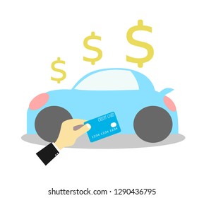 A hand holding credit card for buy a car and money symbol.