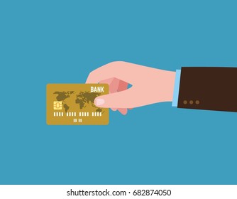 Hand holding credit card.
Closeup. Busines concept.
Vector flat cartoon design illustration.
Isolated on blue background.