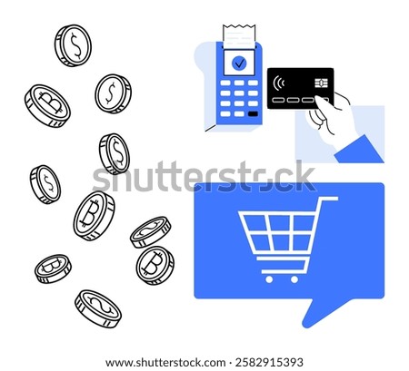 Hand holding credit card completing transaction on POS terminal with receipt. Falling currency symbols and digital shopping cart icon. Ideal for e-commerce, fintech, online shopping, digital