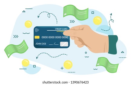 Hand holding credit card. Concept of e-commerce, earnings, atm, debt, swipe, deposit, terminal, identification, expend, shopper. Flat vector illustration
