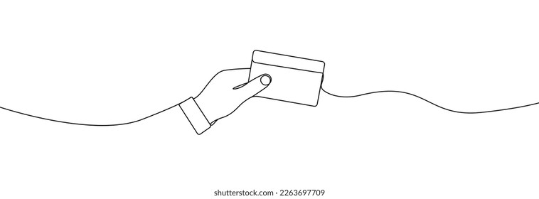 Hand holding credit card continuous line drawing.Hand with bank credit card one line drawing. Vector illustration