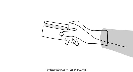 Hand Holding Credit Card continuous line drawing. Finance, business, and banking concept. One line minimalist vector art.