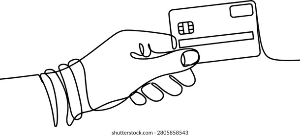 Hand holding a credit card in a continuous line style on a white background bank