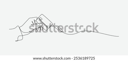 Hand holding credit card in a continuous one line drawing style. Editable line vector illustration.