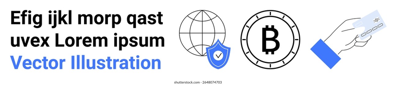 Mão segurando um cartão de crédito, globo mundial digital, símbolo Bitcoin dentro de um círculo e um escudo com uma marca de seleção. Ideal para criptografia, segurança fintech, transações on-line, integração blockchain