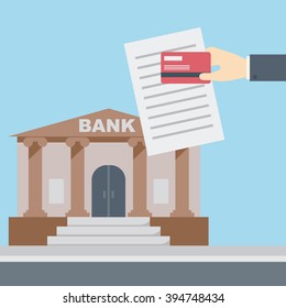 Hand holding credit card and document in front of bank building, finance institution with road on flat style background concept. Vector illustration design