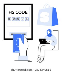 Hand holding credit card entering HS code, person using laptop, and shopping bag. Ideal for online shopping, secure transactions, digital payments, ecommerce, and shipping services. Modern vector