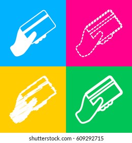 Hand holding a credit card. Four styles of icon on four color squares.