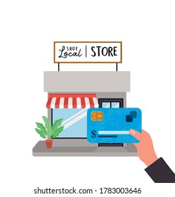 hand holding credit card in front of local store design of shop retail buy and market theme Vector illustration