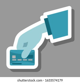 Hand holding credit card icon that symbolizes paying and buy. All the objects, shadows and background are in different layers. 