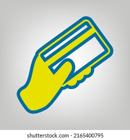 Hand holding a credit card. Icon in colors of Ukraine flag (yellow, blue) at gray Background. Illustration.