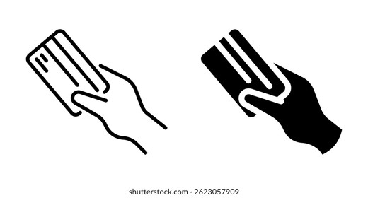 Hand holding credit card icon for payment. Linear and silhouette style.