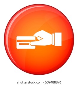 Hand holding a credit card icon in red circle isolated on white background vector illustration