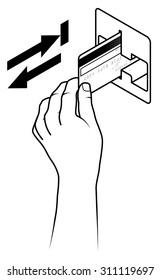 Hand holding a credit card inserting it into a card reading slot. With movement arrows.