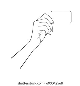 The hand holding credit card isolated over white background. Vector outline illustration.