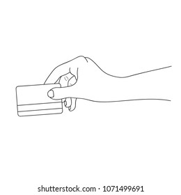 Hand holding a credit card. Line drawing. Vector illustration.