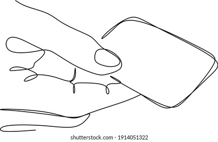A hand holding a credit card. Line drawing.