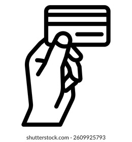 Hand holding credit card line icon, bank account concept. Vector graphics. Plastic money card with chip sign on white background, style mobile or design