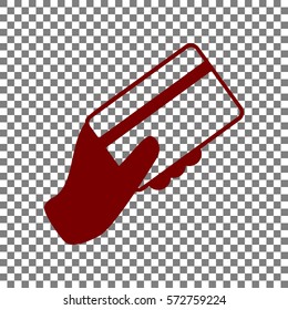 Hand holding a credit card. Maroon icon on transparent background.