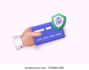 Hand holding credit card money financial security for online shopping, online payment.  3D Web Vector Illustrations.