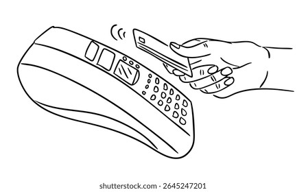 Hand holding a credit card near a terminal for wireless payment in line art style. Illustrates modern technology, contactless transaction, and cashless economy