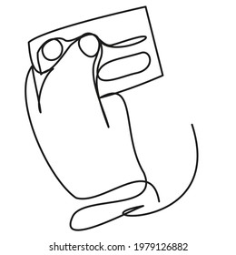 Hand holding a credit card on a white background. One line of a customer in an online store. Vector illustration about online shopping for presentations, design, print.