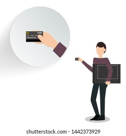 Hand holding credit card pay for Computer screen. Vector flat illustration