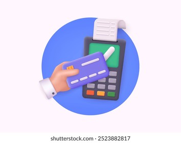 Hand holding credit card. Payment with credit card and financial for online shopping, payment credit card with alert notification. 3D Web Vector Illustrations.