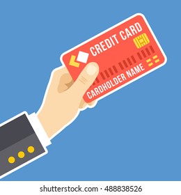 Hand holding credit card. Payment, withdraw money, purchase, financial transaction concepts. White line flat design. Vector illustration