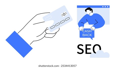 Hand holding a credit card, person with cashback sign, and SEO text with cloud icon. Ideal for online shopping, digital marketing, SEO, e-commerce, cashback. Minimalist vector style