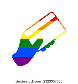 Hand holding a credit card. Rainbow gay LGBT rights colored Icon at white Background. Illustration.