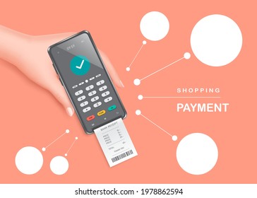 hand holding a credit card reader And a receipt paper flowed out for payment and shopping online on application and all object on pastel pink,vector 3d isolated for financial advertising design