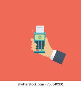 Hand Holding Credit Card Reader Terminal. Cashless Payment Illustration