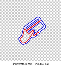 Hand holding a credit card. Red, white and contour icon at transparent background. Illustration.