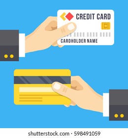 Hand Holding Credit Card Set. Credit Card Front And Back, Face And Reverse Sides. Business, Finance Concepts. Modern Flat Design Graphic Elements. Vector Illustration Isolated On Blue Background