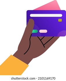 Hand holding credit card. Shopping with debit card concept. Vector illustration.