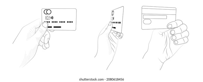 Hand holding credit card sketch set.