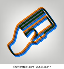 Hand holding a credit card. Stroked Icon in orange, azure and old lavender Colors at gray Background. Illustration.