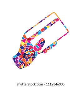 Hand holding a credit card. Vector. Stained glass icon on white background. Colorful polygons. Isolated.