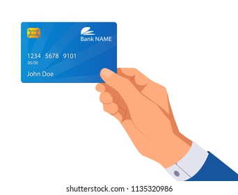 Hand holding credit card. Vector illustration in flat design style. Isolated on white background