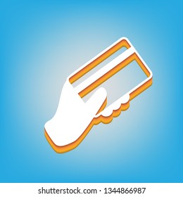 Hand holding a credit card. Vector. White icon with 3d warm-colored gradient body at sky blue background.