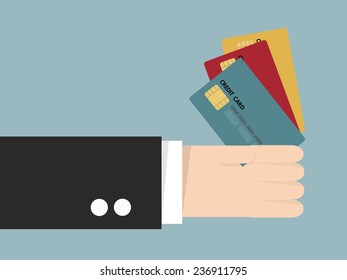 Hand holding credit card, vector, flat design