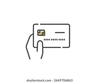 Icono de Vector de tarjeta de crédito de mano, chip IC, pago sin efectivo, transacción digital, trazo editable