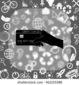 Hand holding credit card vector icon - matte glass button on background consisting of  different icons