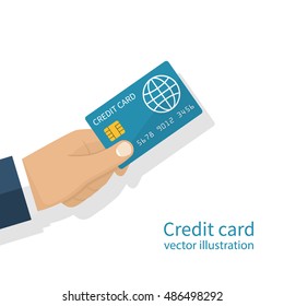 Hand holding credit card. Vector illustration, flat design style. Isolated on white background.