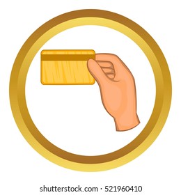 Hand holding a credit card vector icon in golden circle, cartoon style isolated on white background