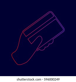 Hand holding a credit card. Vector. Line icon with gradient from red to violet colors on dark blue background.