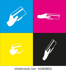 Hand holding a credit card. Vector. White icon with isometric projections on cyan, magenta, yellow and black backgrounds.
