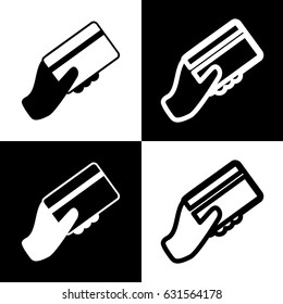 Hand holding a credit card. Vector. Black and white icons and line icon on chess board.